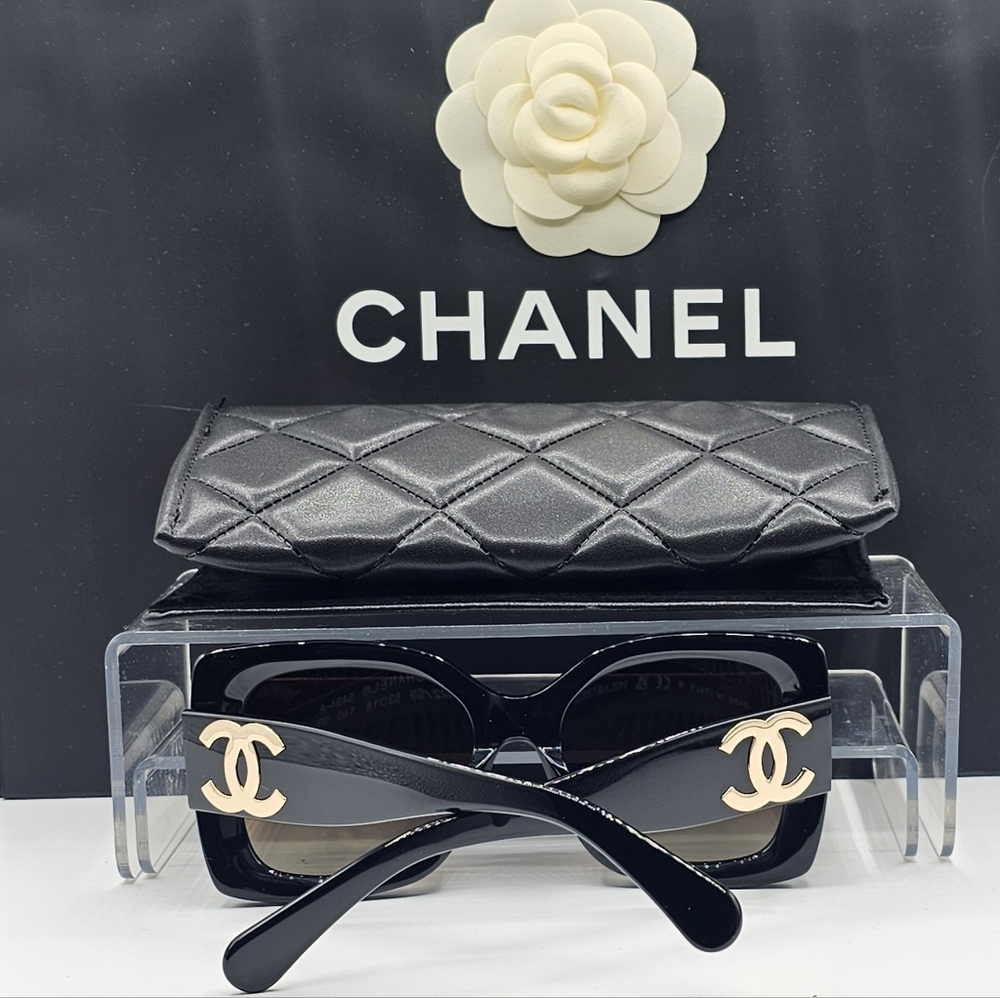 CHANEL Black Sunglasses with Gold Accents - Picture 6 of 12